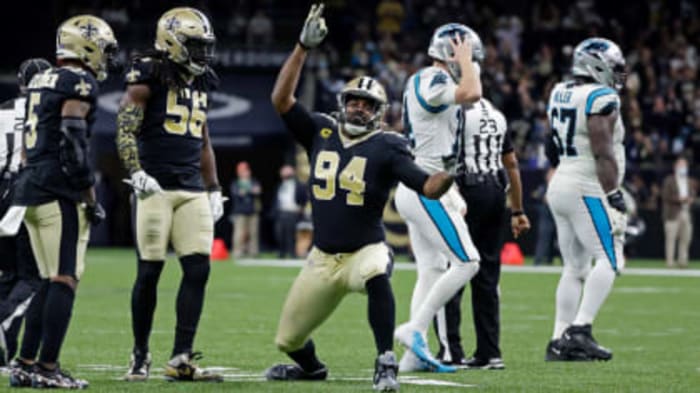 New Orleans Saints DE Cam Jordan (94) celebrates a sack of Carolina QB Sam Darnold. Credit: neworleanssaints.com